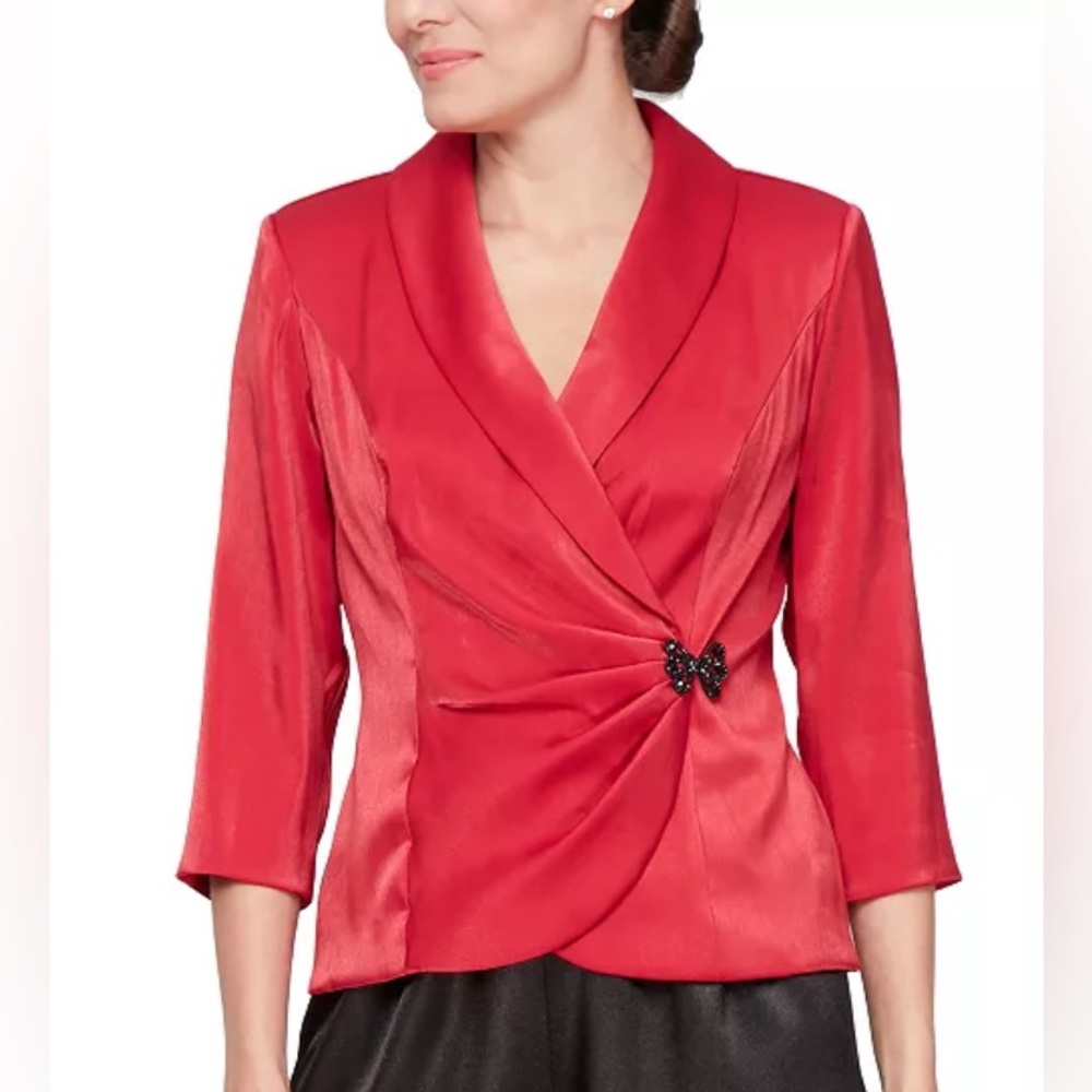 Alex Evenings Red Blazer with Shawl Collar and Ruching